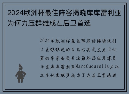 2024欧洲杯最佳阵容揭晓库库雷利亚为何力压群雄成左后卫首选 2024欧洲杯最佳阵容揭晓库库雷利亚为何力压群雄成左后卫首选