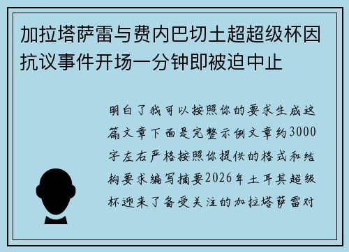 加拉塔萨雷与费内巴切土超超级杯因抗议事件开场一分钟即被迫中止 加拉塔萨雷与费内巴切土超超级杯因抗议事件开场一分钟即被迫中止